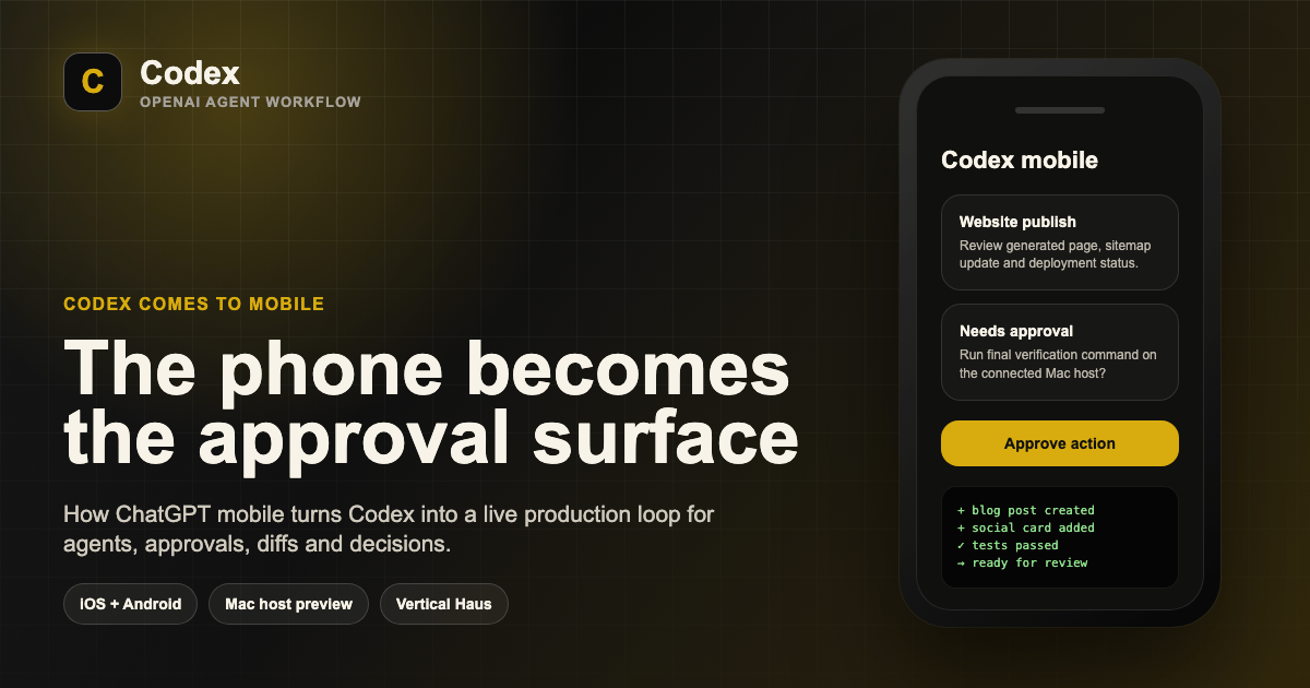 Codex mobile social card showing a phone approval surface for agentic production